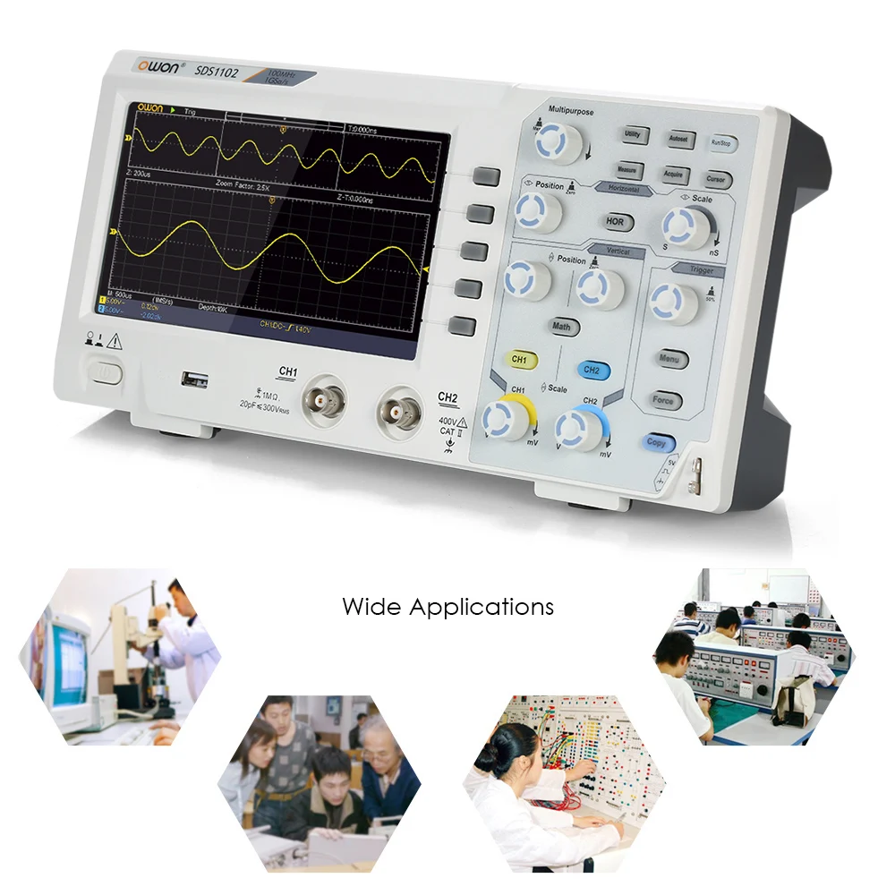 Owon SDS1102 1GS/s 8 Bits 7in Screen Osciloscopio Digital Oscilloscope 2CH 100MHZ Bandwidth High Accuracy Digital Oscilloscopes