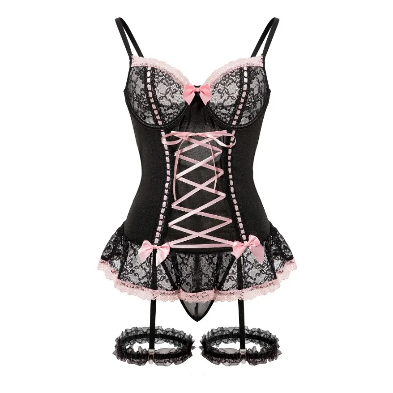 MIRABELLE – robe Sexy en dentelle à volants, ensemble moulant 3 pièces avec bas avec nœud papillon, pour jeunes femmes, Festivals de musique corporelle