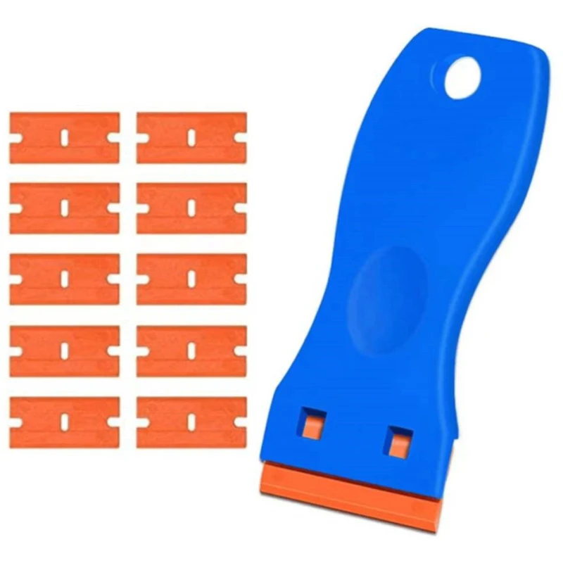 1PC Plastic Scraper Tool with 10PCS Plastic Blades for Removing Glue, Sticker, Decals, Tint from Car Window and Glass