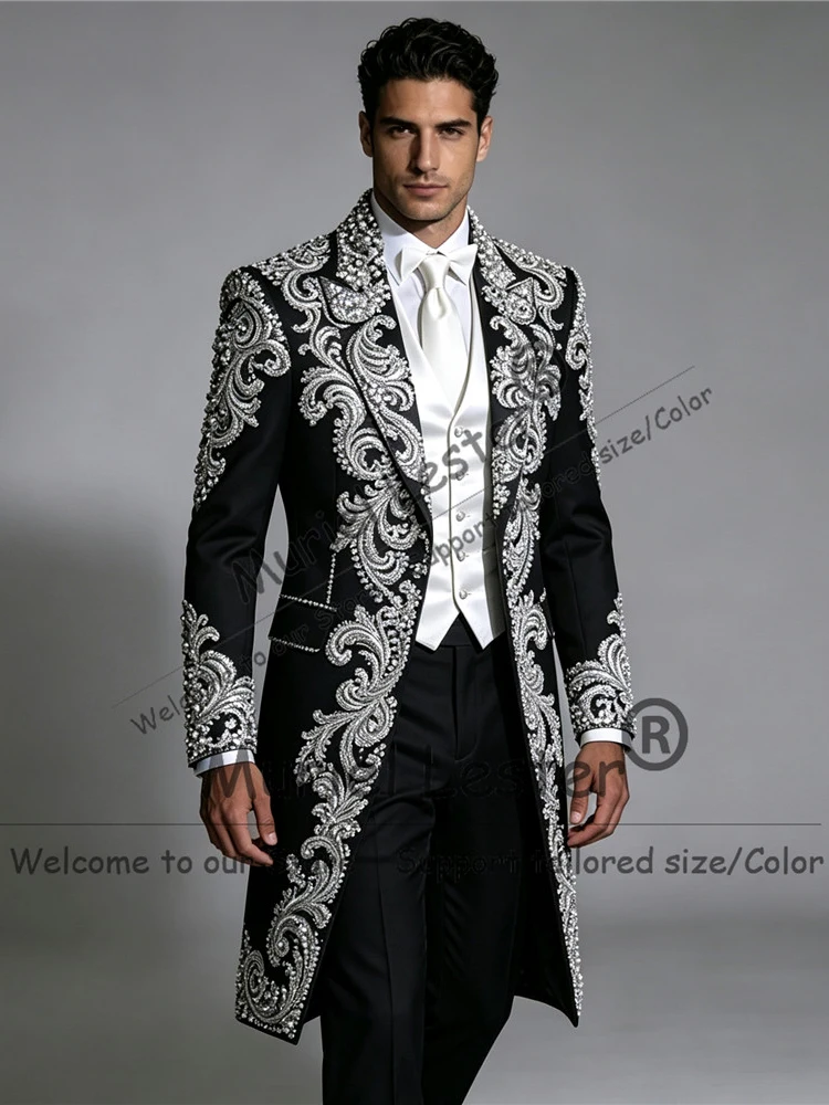 Long Groom Suit Wedding Cusotmized Stones Beading Single Breasted Groom Prom Blazer Man Banquet Tuxedo 3 Pieces Costumes Hommes