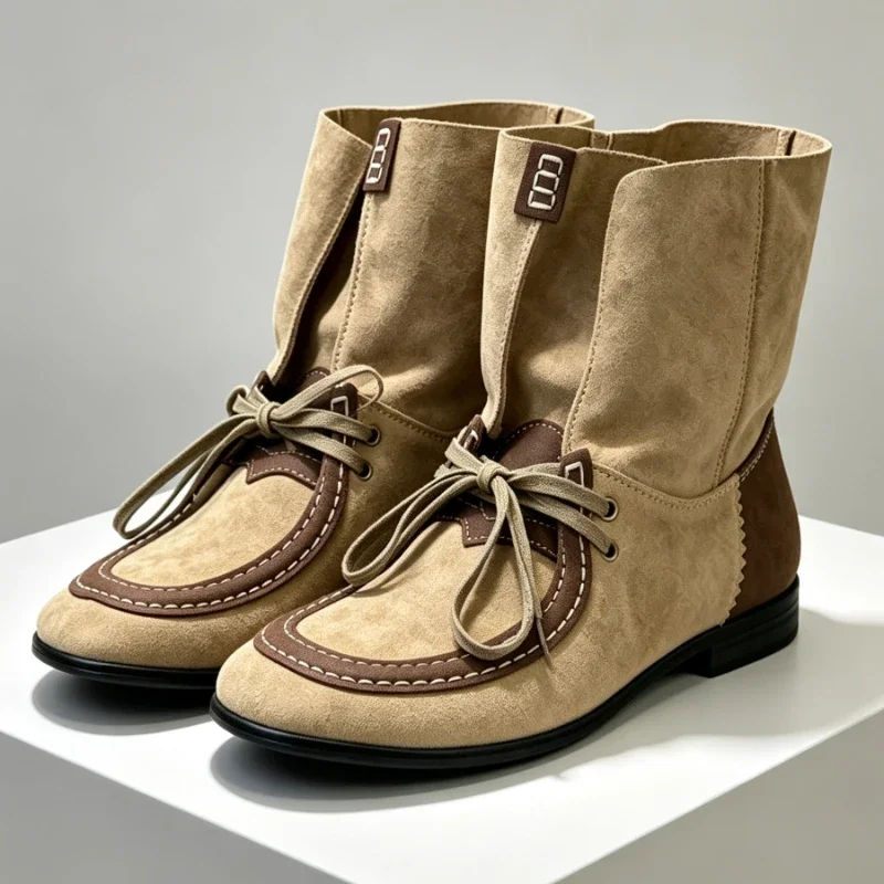 Vintage Brown Faux Suede Women’s Ankle Boots Unique Color-Blocking Lace-Up Winter Boots Comfortable Non-Slip Designer Short Boot