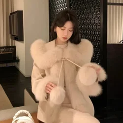 New Reversible Cashmere Coat Fox Fur jacket Mixed Fur Cloak Woolen Coat style fur coat women outerwear