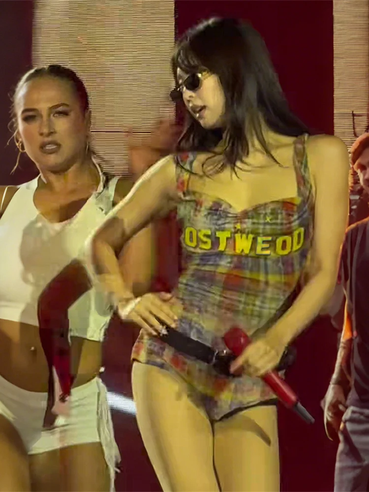 Estranho gato sexy carta impressão regata feminina xadrez baixo pescoço sem mangas colete + lenço de seda festival música estiramento rua clubwear