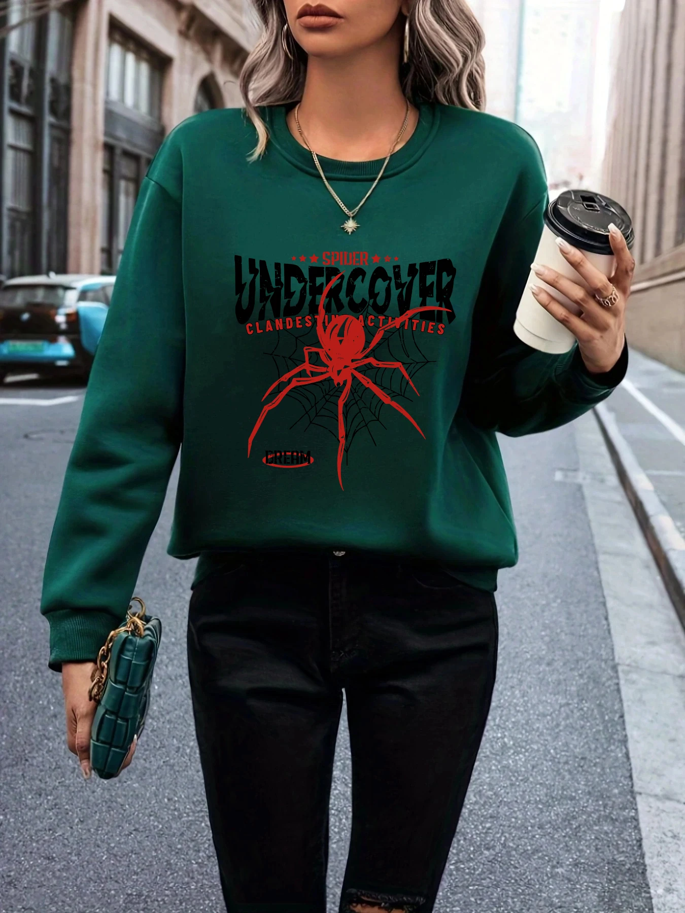 Personalised Spider Design Text Print Hoodless Green Comfortable Fashion Sweatshirt New Wave Style Tops Trendy Women\'s Clothing