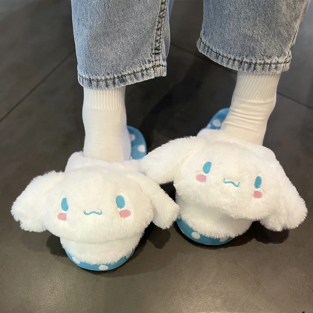 Japanese Style Warm Slippers Indoor Plush Shoes for Winter Non-slip Flat My Melody Kuromi Cinnamoroll Hangyodon Girl Ladies
