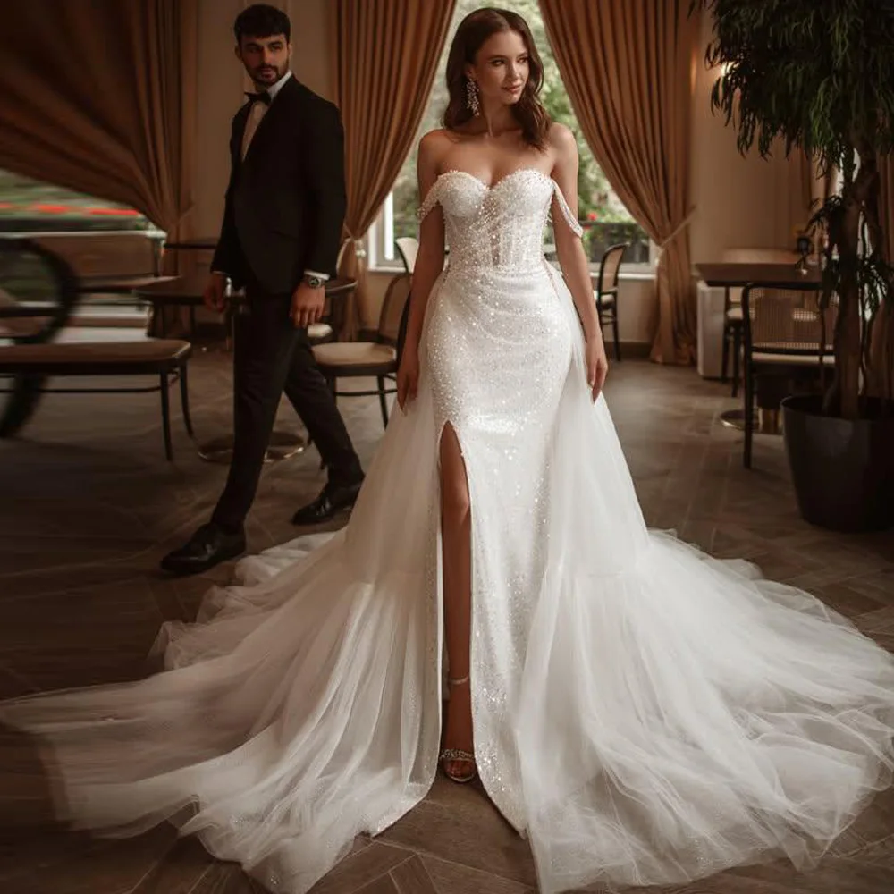 Customized Sequin Wedding Dress with Tulle Train Off the Shoulder Mermaid Bridal Gown Side Split 2 In 1 Wedding Gowns