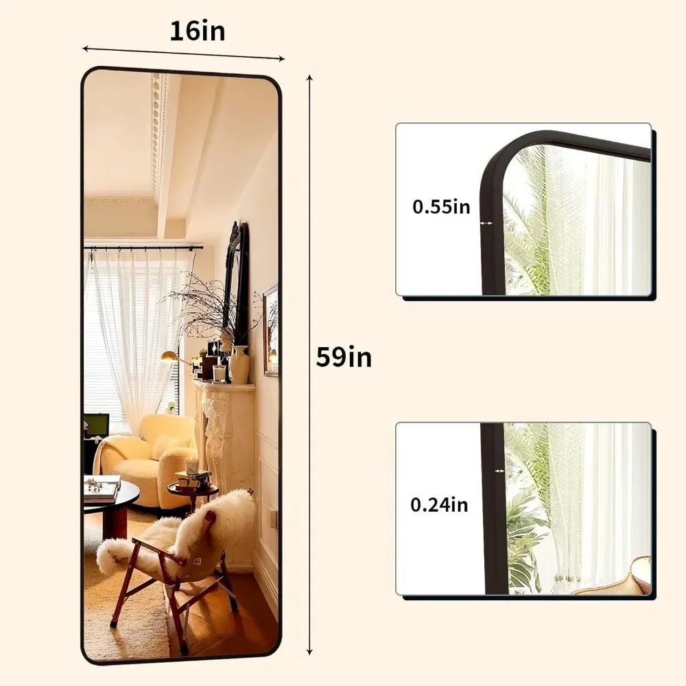 59"x16" Floor Full Length Mirror Standing Full Body Rounded Corner Rectangle Mirrors with Stand Hanging Wall Mounted Leaning