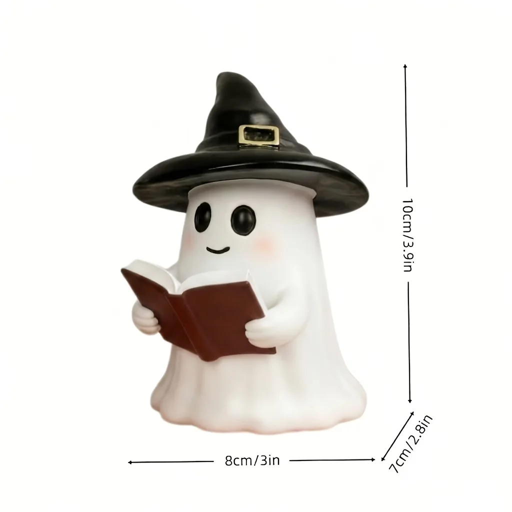 Cute Halloween ghost reading statue, wearing a witch hat - indoor and outdoor decoration, eerie ornament