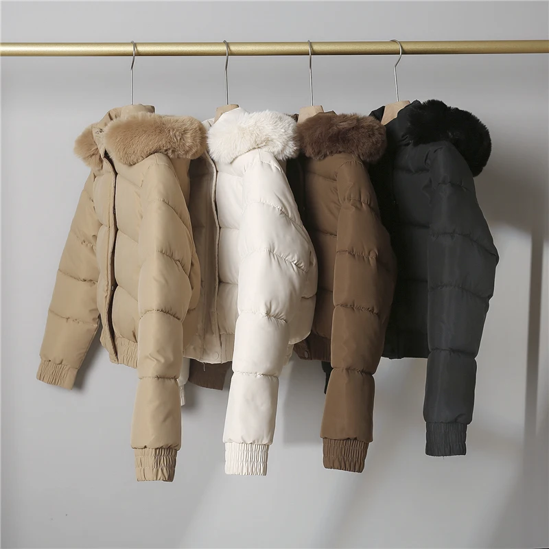 

Winter Fur Collar Hooded Cotton Clothes For Women Solid Color Thickened Warm Short Padded Jacket Korean Loose Long Sleeved Coat