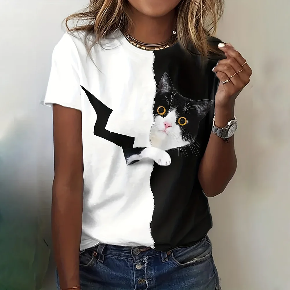 Cute Cat Graphic Print T-Shirt 2024 Casual Women's Short Sleeve T-Shirt New Female Tops Tee Clothing Fashion Slim Fit T Shirt