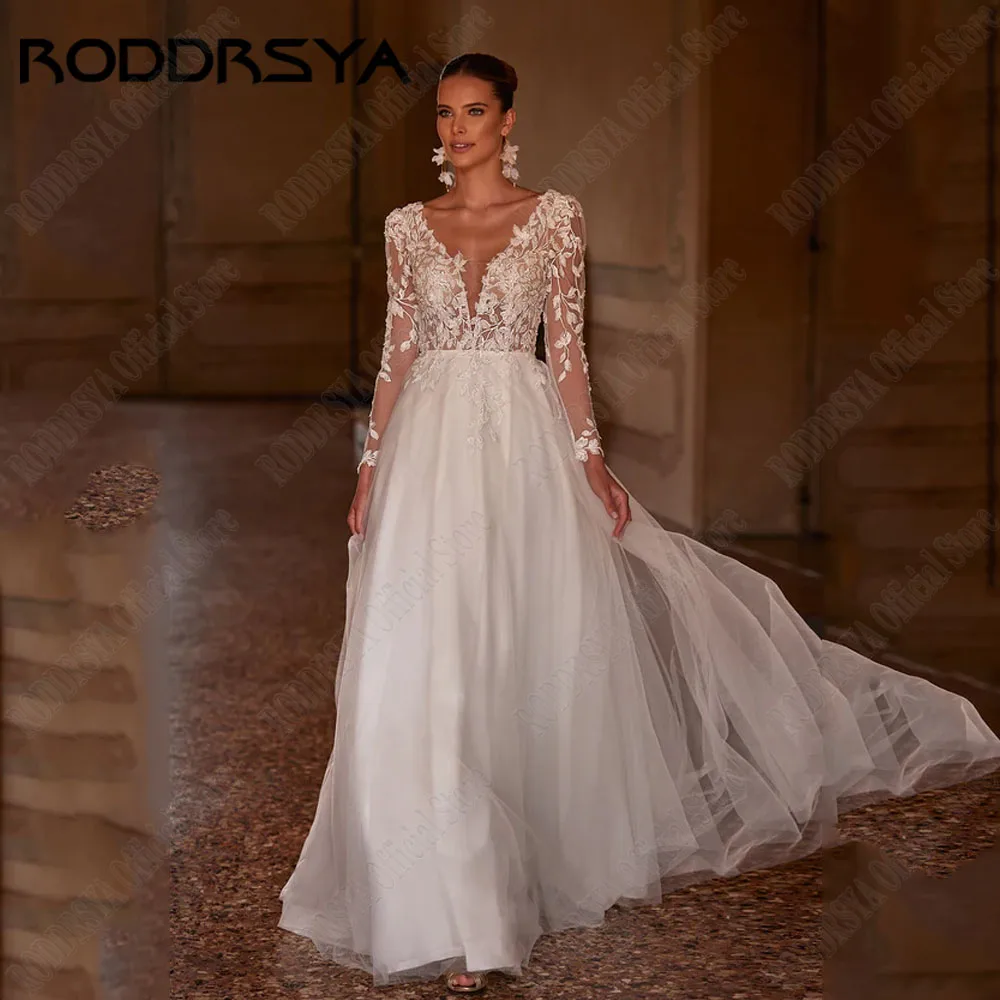 RODDRSYA Wedding Dress Customized Long Sleeves V Neck Split A Line Bridal Gown Sweep Train Backless Bride Dresses Robe Mariee