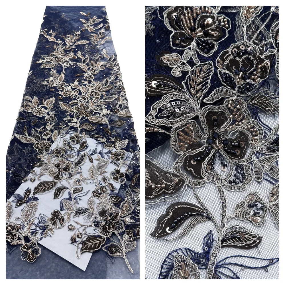 

High-Quality Fashion Beaded Nigerian Sequins Lace Fabric African French Tulle for Luxury Wedding Dress Sewing