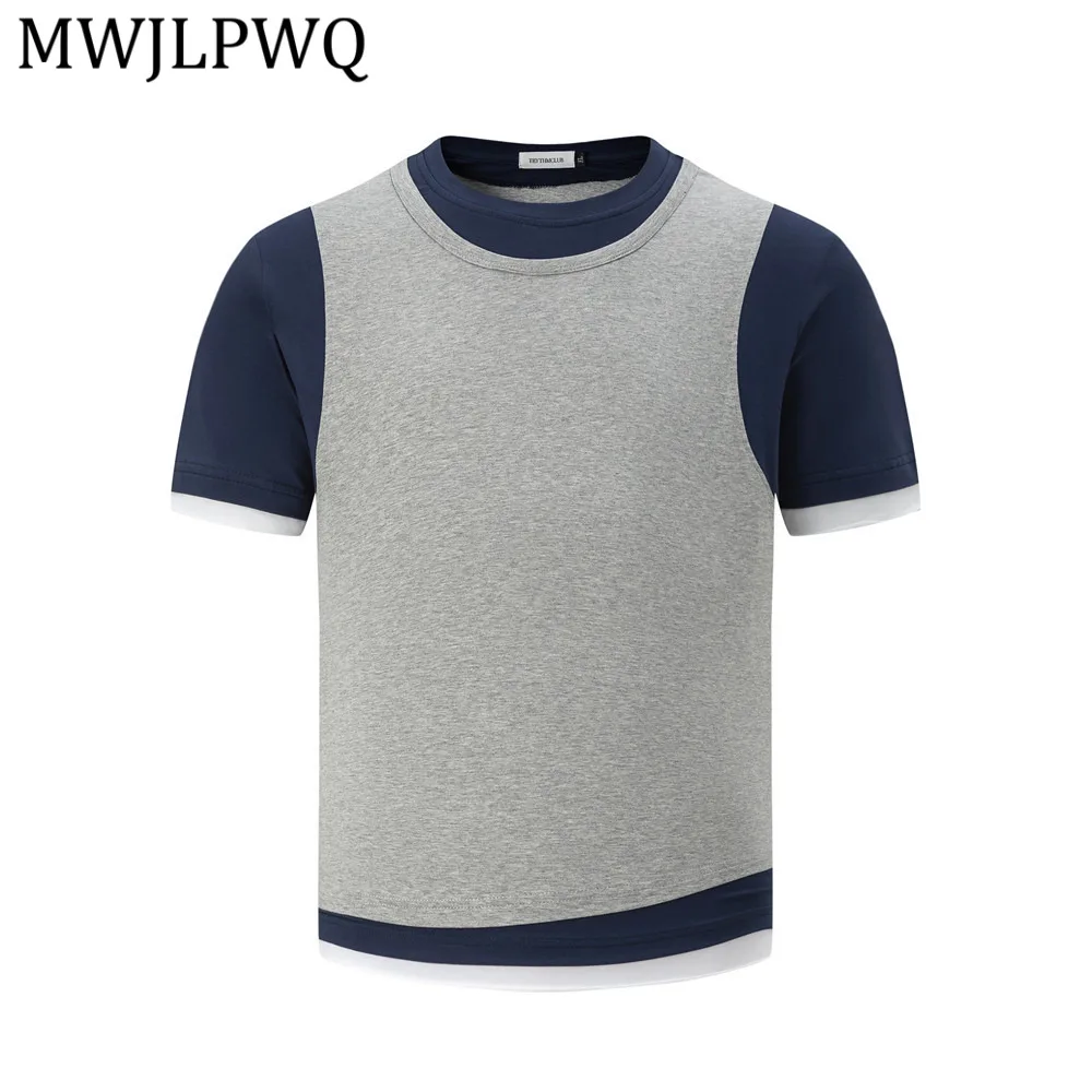 

MWJLPWQ Fake Two-Piece Short-Sleeve T-Shirt Men Summer Unique Style Irregular Color-Blocking Frayed Edges Casual Tee 14151