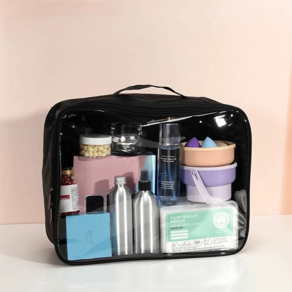 Clear Front Large Capacity Cosmetic Bag Top Handle Dual-Zip Design Makeup Storage Box Multipurpose Adjustable Straps