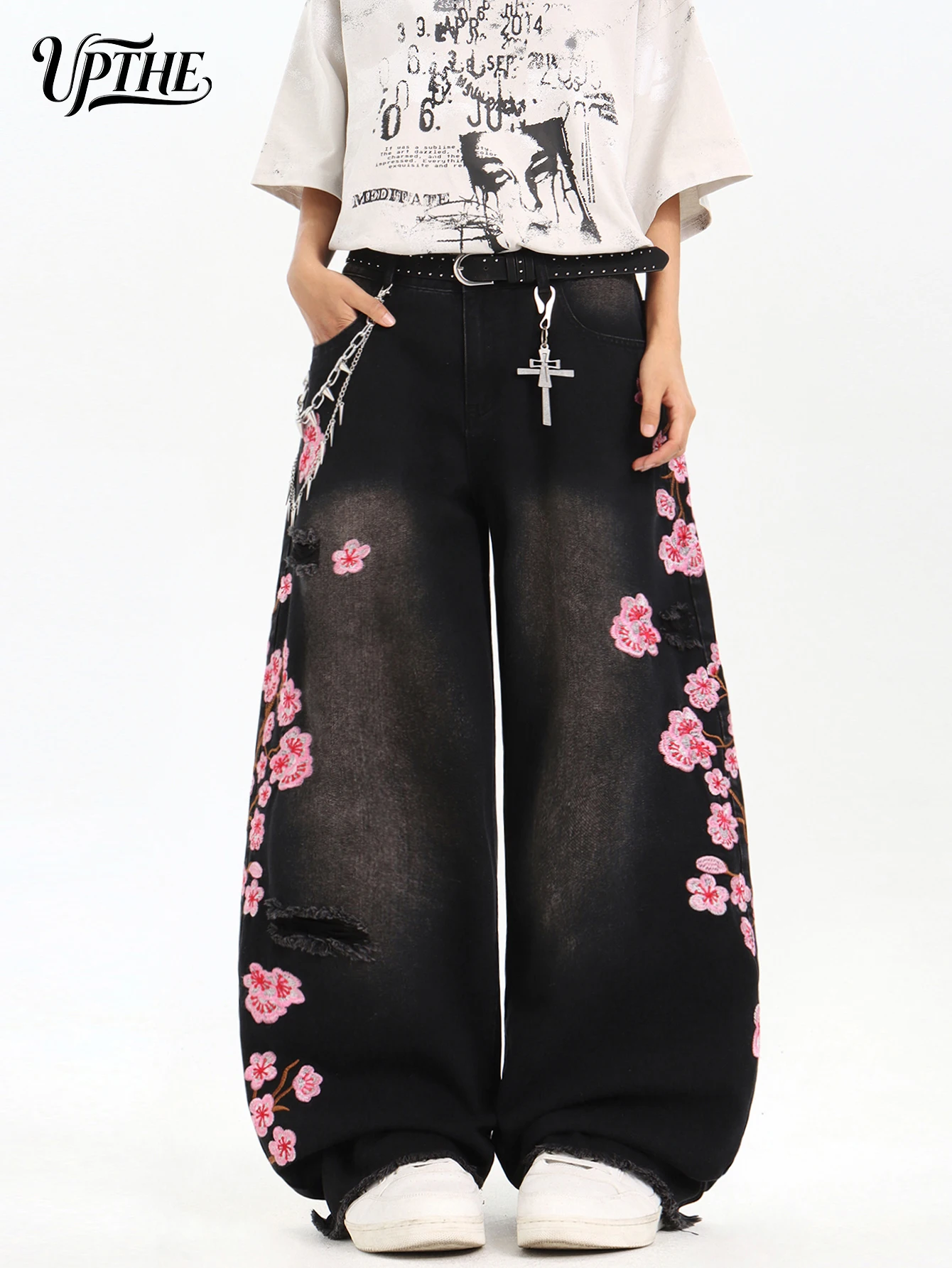 UPTHE Men's Baggy Wide Leg Black Jeans, Cherry Blossom Floral Embroidered Denim Pants, Faded Washed Distressed Ripped Raw Hem Loose Fit Y2K Hip Hop Streetwear Jeans
