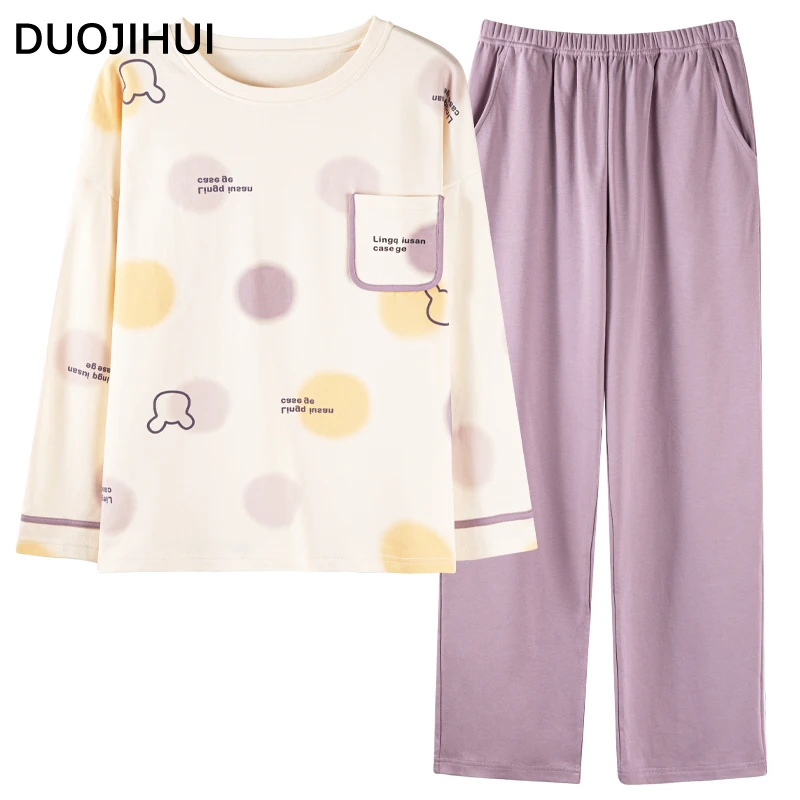 Duojihui-pijamas casuais com bolso para as mulheres, impressão chique, colar redondo, calças soltas, simples, moda, novo