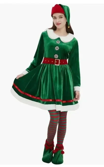 Elf Costume for Women Christmas Outfit Dress Adult Cute Santa Elves Xmas Carnival Party Suit with Hat Shoes Cover Belt Socks