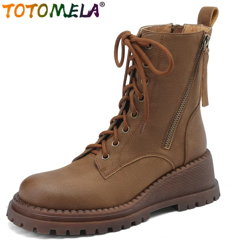 

TOTOMELA 2024 New Narrow Band Genuine Leather Winter Boots Retro Female Zipper Platform Boots Wedges High Heels Ankle Boots