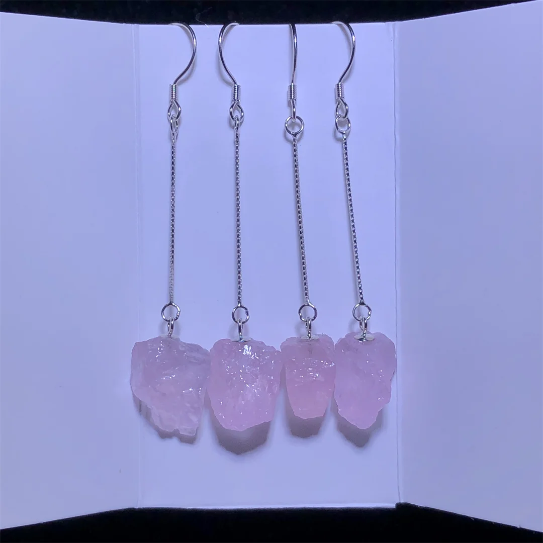 1 Pair Fengbaowu Natural Raw Rough Pink Beryl Morganite Earring 925 Sterling Silver Reiki Healing Stone Jewelry Gift For Women