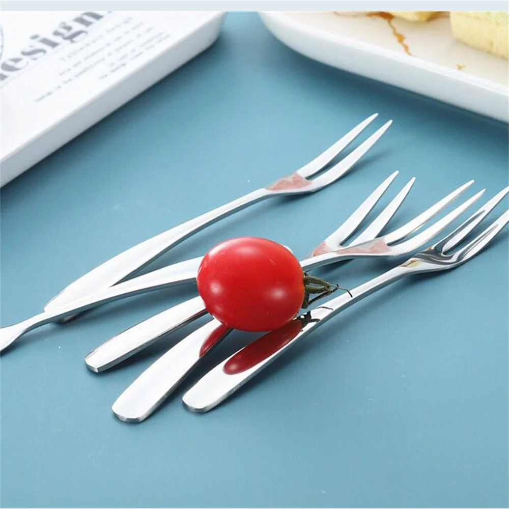 10 Pcs Fruit Fork Stainless Steel Two-toothed Fork Cake Fork Western Small Fork Multifunctional Household Kitchen Accessories