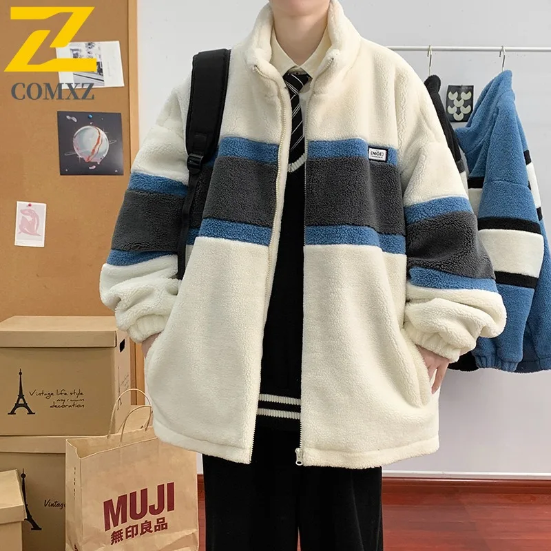 COMXZ 2025 Mens Winter Sherpa Lined Jacket Warm Fleece Coat Fashion Youth Trendy Outerwear tactics lightweight windbreaker