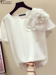 ZANZEA Women Short Sleeve Blouses 2024 Summer Elegant Solid Color Casual Loose Tops Femininas Decorative Flower O Neck T-shirts