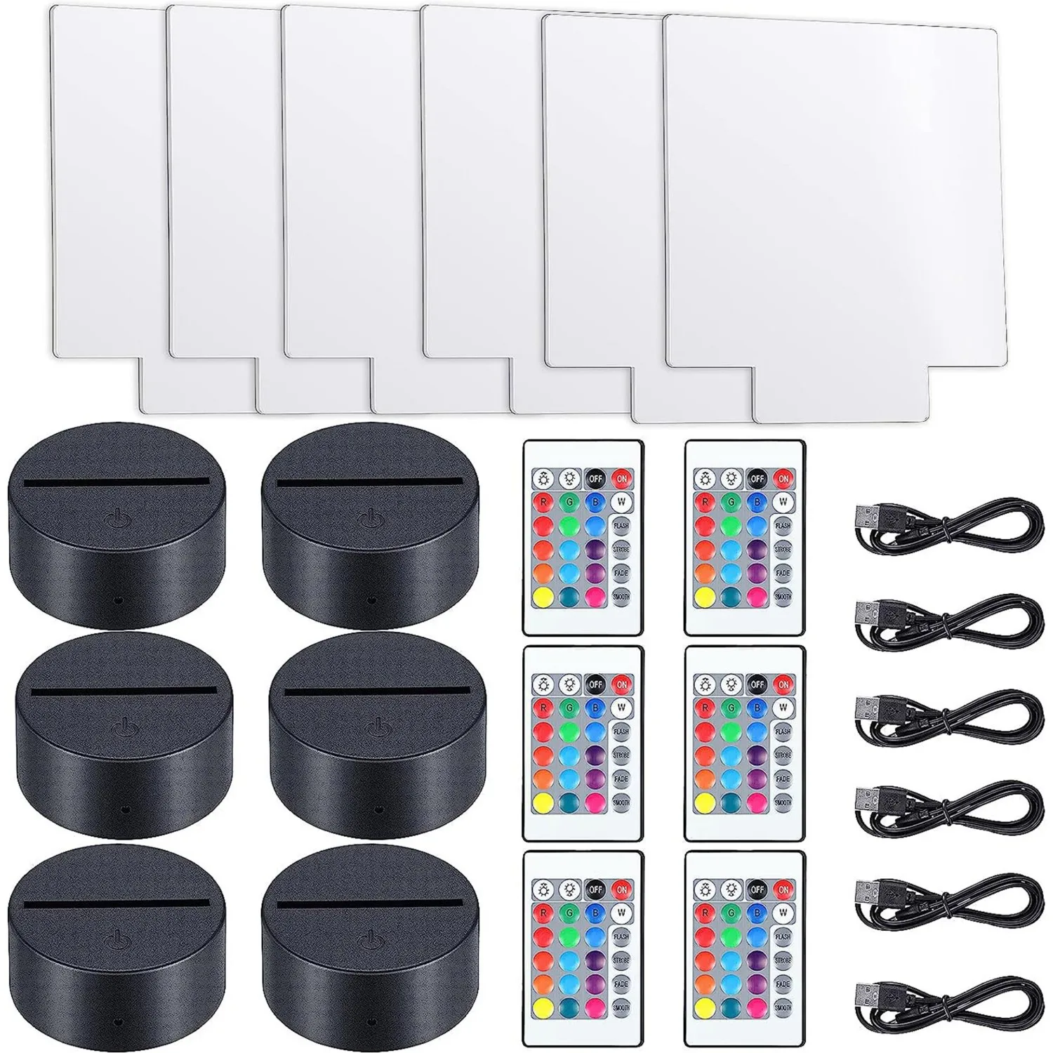 6 set lampada a LED notturna 3D con 6 espositori luminosi 6 fogli acrilici trasparenti 6 cavi USB remoti 6 luce notturna fai da te all\'ingrosso