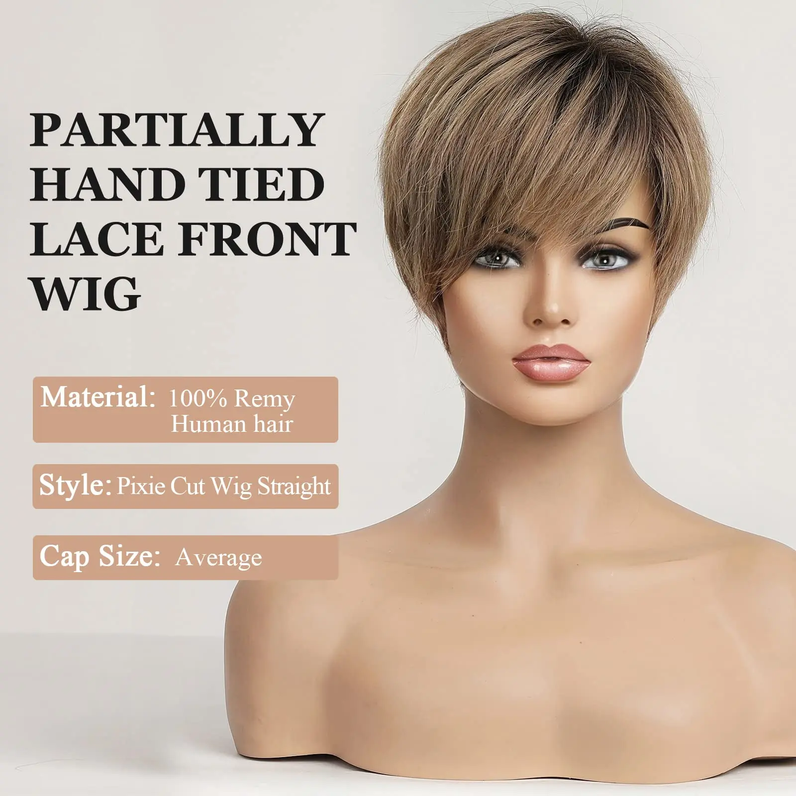 HD Lace Frontal Human Hair Wigs Short Straight Pixie Cut Wig with Side Bang Ombre Ash Blonde Bob Wigs for Women Remy Human Hair