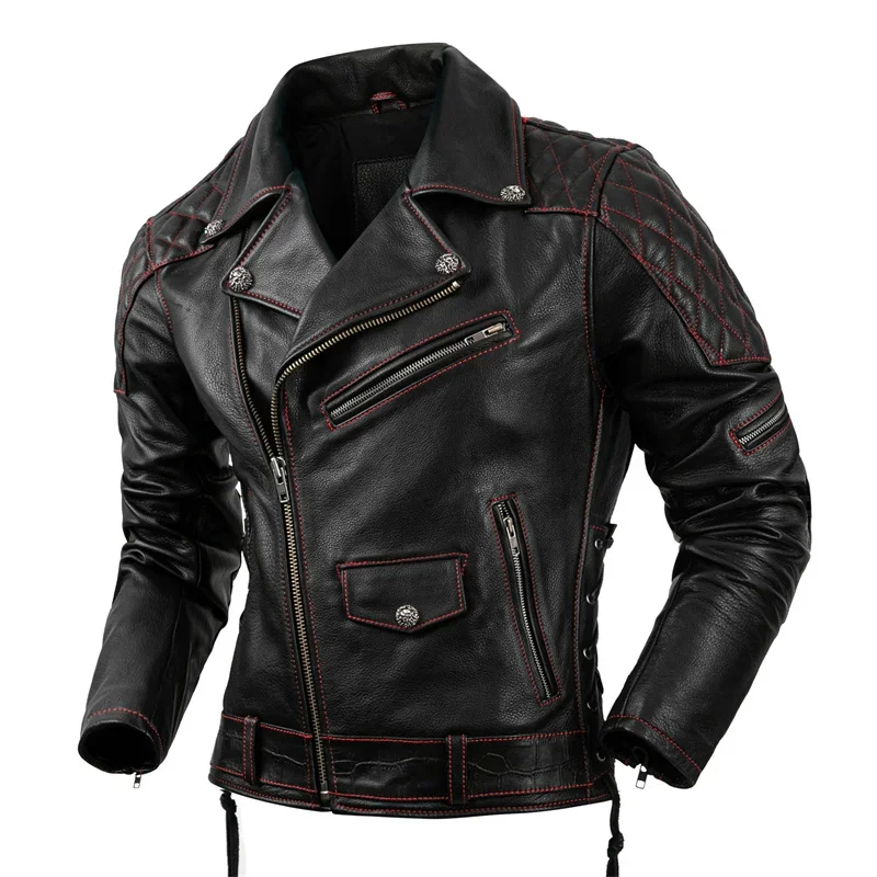 2024 Autumn New Slim Fit Men's Natural Top Cowhide Leather Jacket Motorcycle Suit