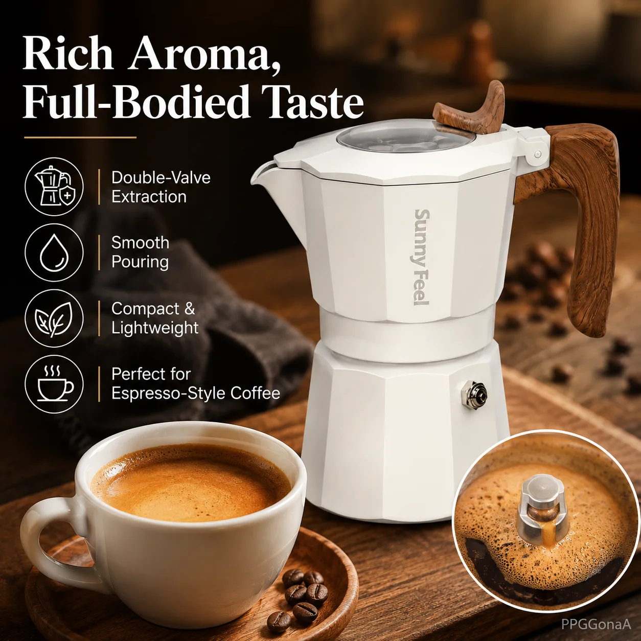 90mL Double-Valve Moka Pot Portable Aluminum Stovetop Coffee Maker with Wood-Grain Handle for Camping Travel Home