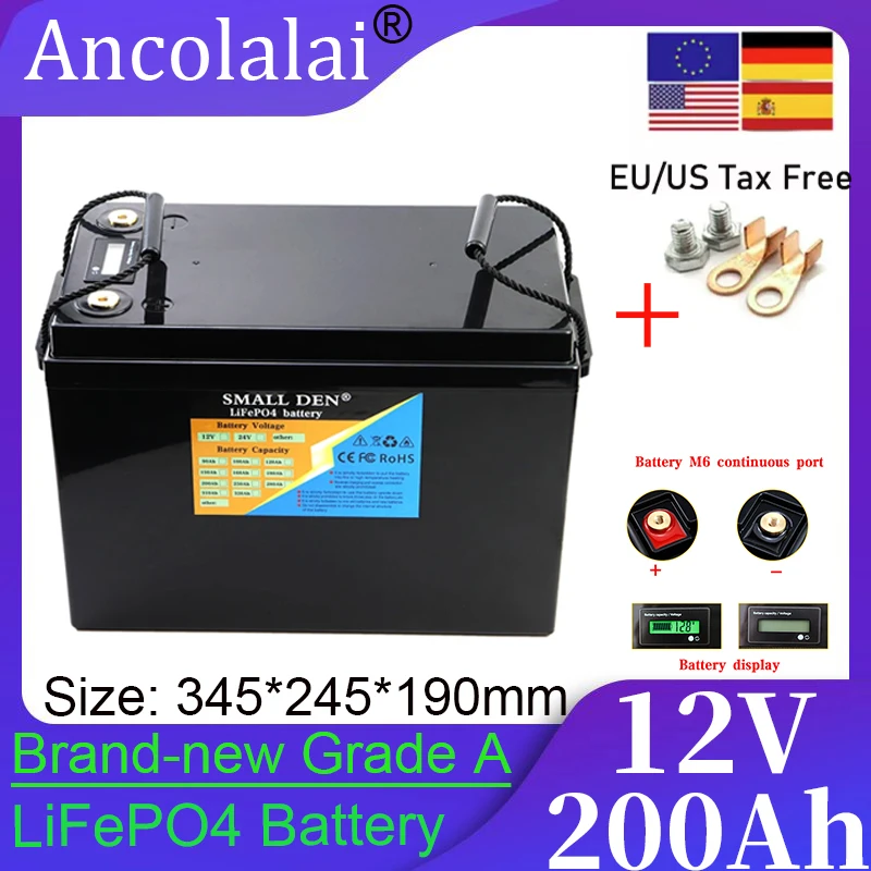 

12V 200Ah lithium iron phosphate battery with display built-in BMS 12.8V rechargeable battery pack solar storage marine battery