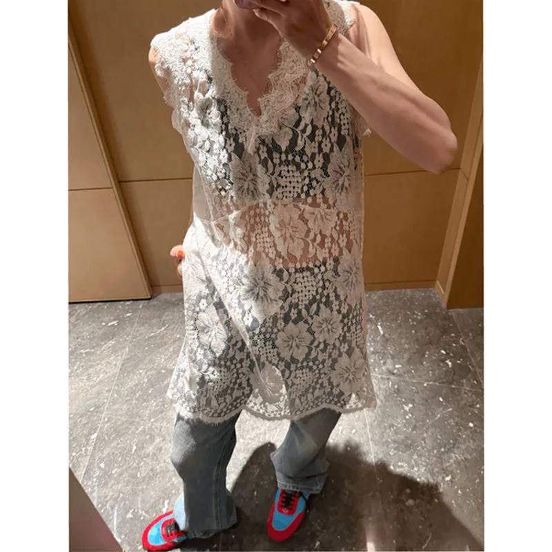 Vestido de encaje transparente sin mangas de verano para mujer, vestido sin mangas blanco y negro transparente de una pieza de estilo coreano, cubierta hueca