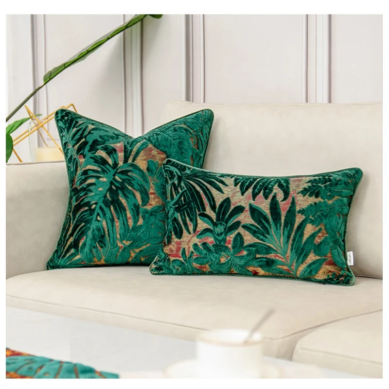 

2022 Luxury Green Velvet Cushion Cover Decorative Pillow Case Modern Pile Cutting 3D Leaf Strip Art Sofa Square Coussin