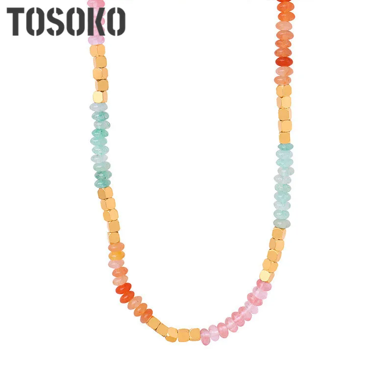 TOSOKO Stainless Steel Jewelry Tianhe Stone Colored Abacus Beads Handmade Beaded Necklace BSP1739