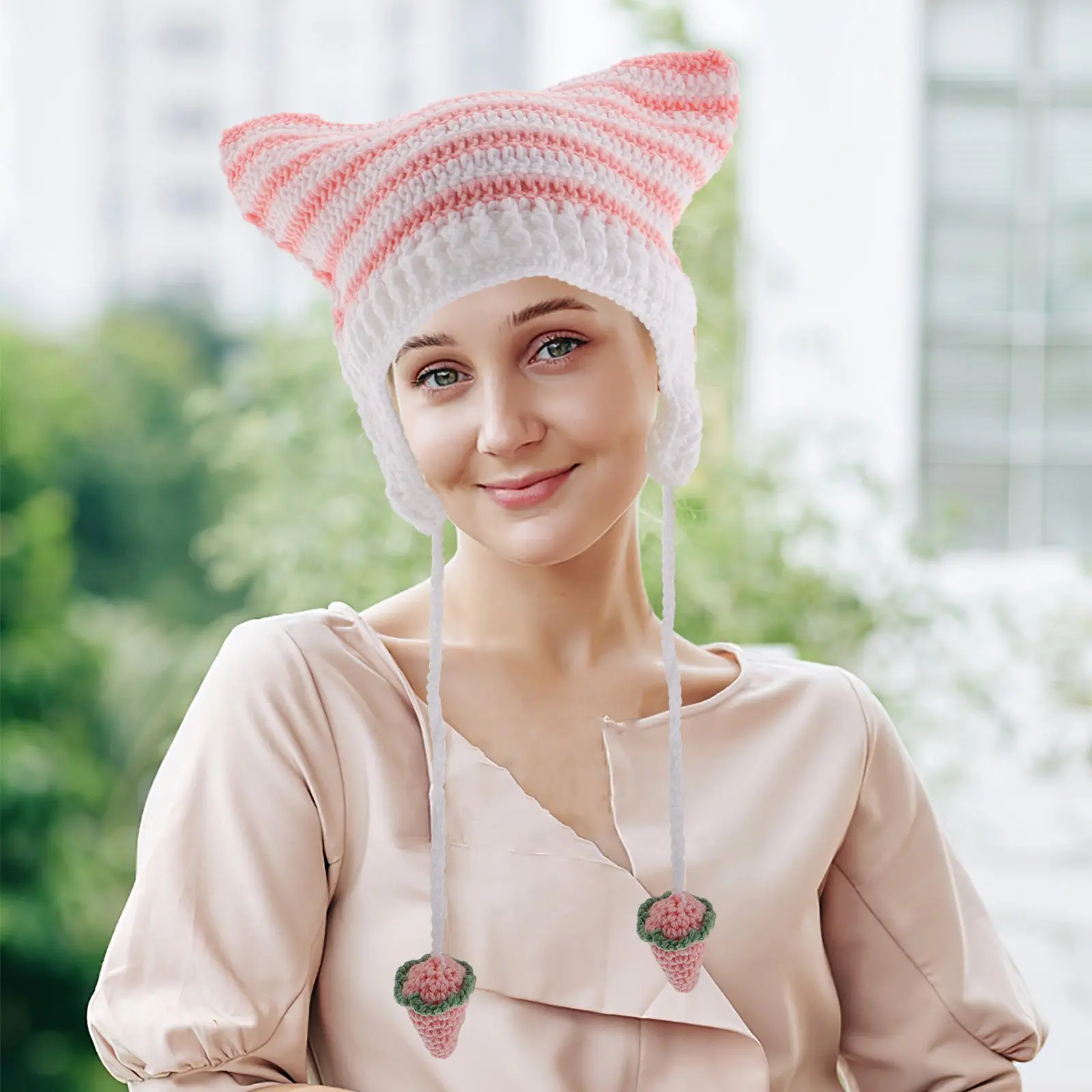 Striped Cat Ear Knitted Beanie Soft Warm Earflap Hat Cold Weather Outdoor Fashionable Winter Cap for Women Students