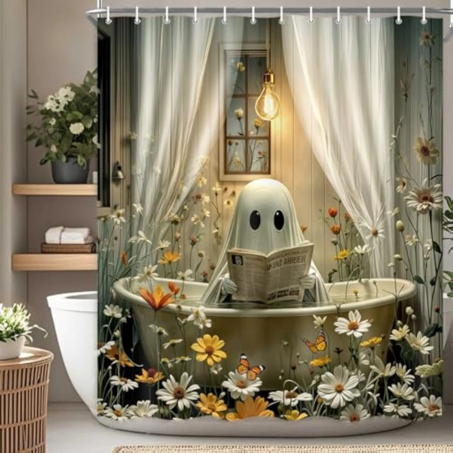 Funny Halloween Ghost Shower Curtain Halloween Spooky Bathroom Curtain Ghost Sitting in Bathtub Reading Newspaper Shower