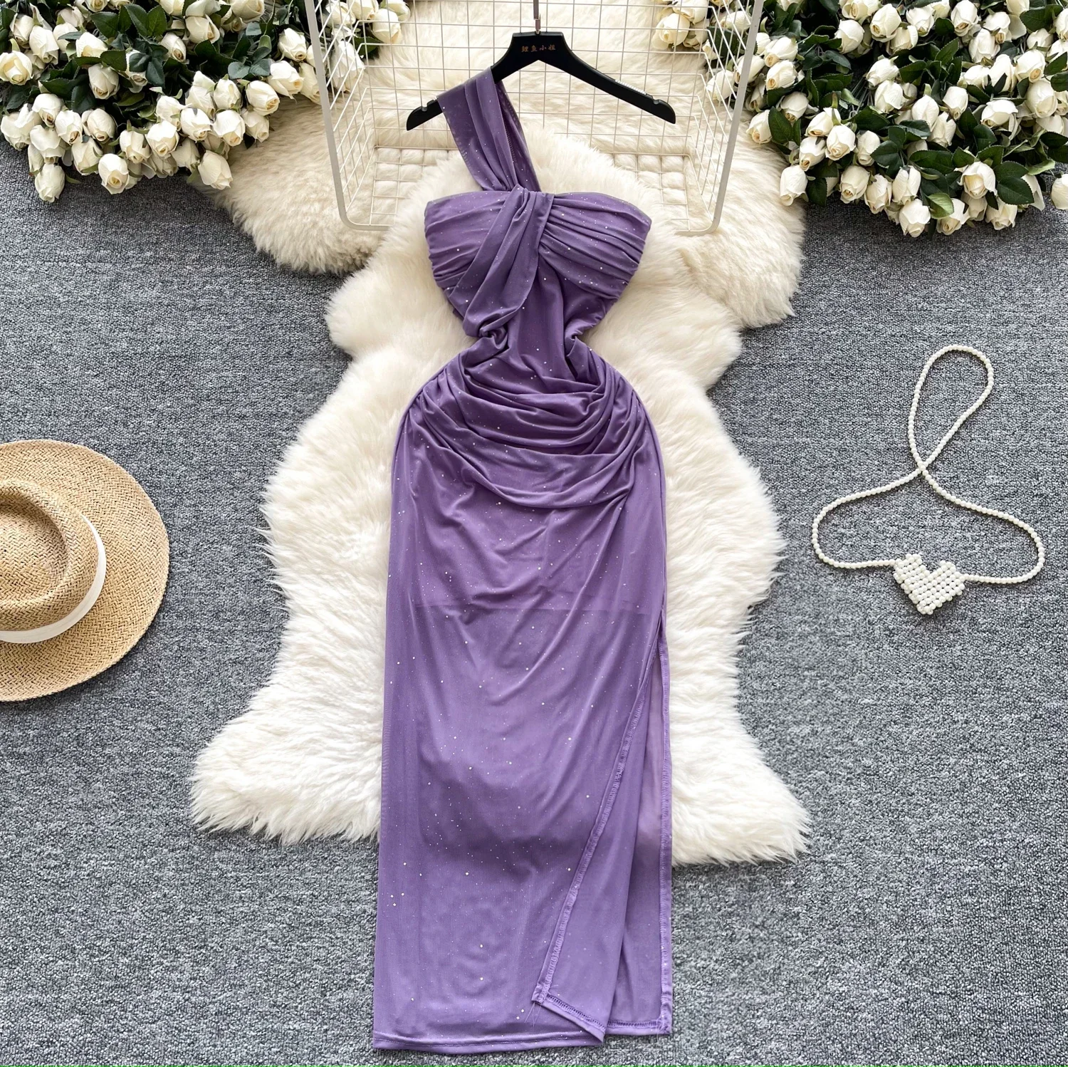 

Elegant Sleeveless Mesh Split Chic Twisted Glitter Sexy Single Strap Slim Long Dresses French Evening High Street Women Clothing