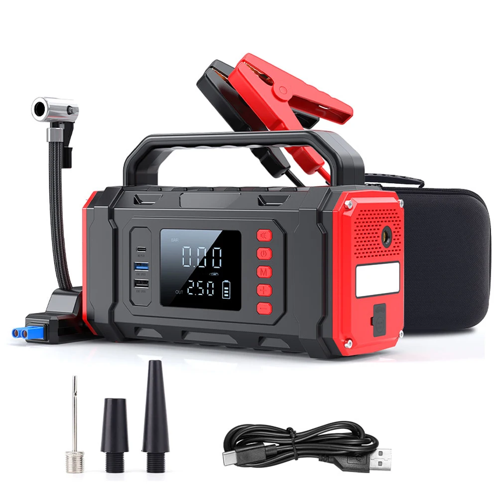 Arrancador de batería portátil para coche, Kit de herramientas de emergencia con luz LED, inflador de neumáticos, refuerzo de litio para principiantes de camiones