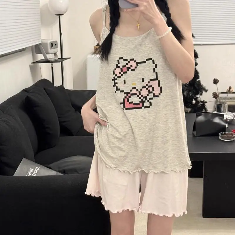 Sanrio Girl Sexy with Chest Cushion Vest Pajama Set Kawaii Hello Kitty Comic Fashion Summer Camisole Shorts Go Out Leisure Wear