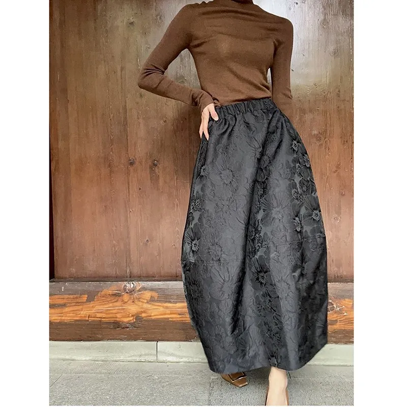 2024 New Arrival Spring/summer Arts Style Women Casual Loose Fit Elastic Waist A-line Jacquard Design Ankle-length Skirt P02