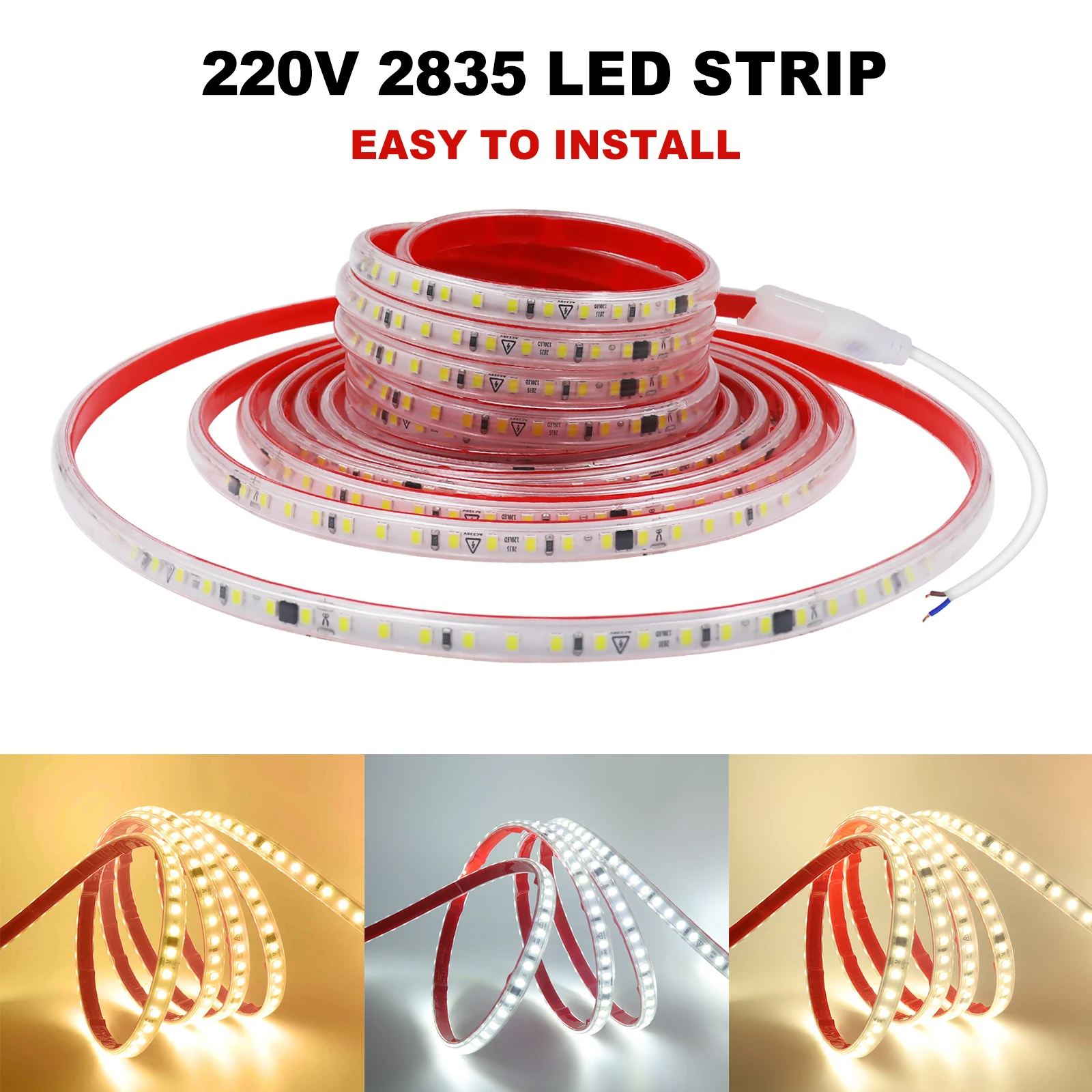 

AC220V 2835 Led Strip Light 3000K 4000K 6000K Waterproof Adhesive Lamp Tape 120LEDs/m Flexible and Cuttable for Home Lighting