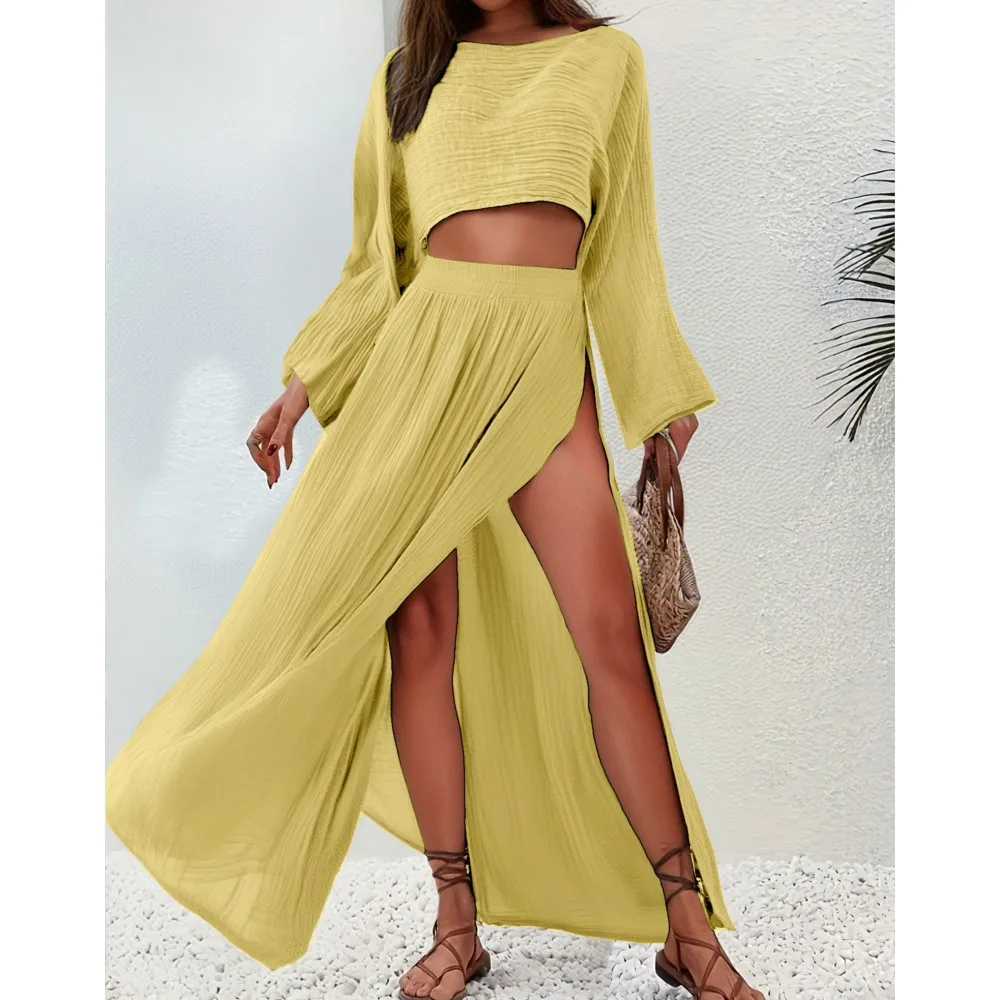 

Casual Vacation Linen Short Top High-waisted Unique Slit Cotton Linen Suit Skirt Fashion Elegant Two-piece Irregular Skirt Women