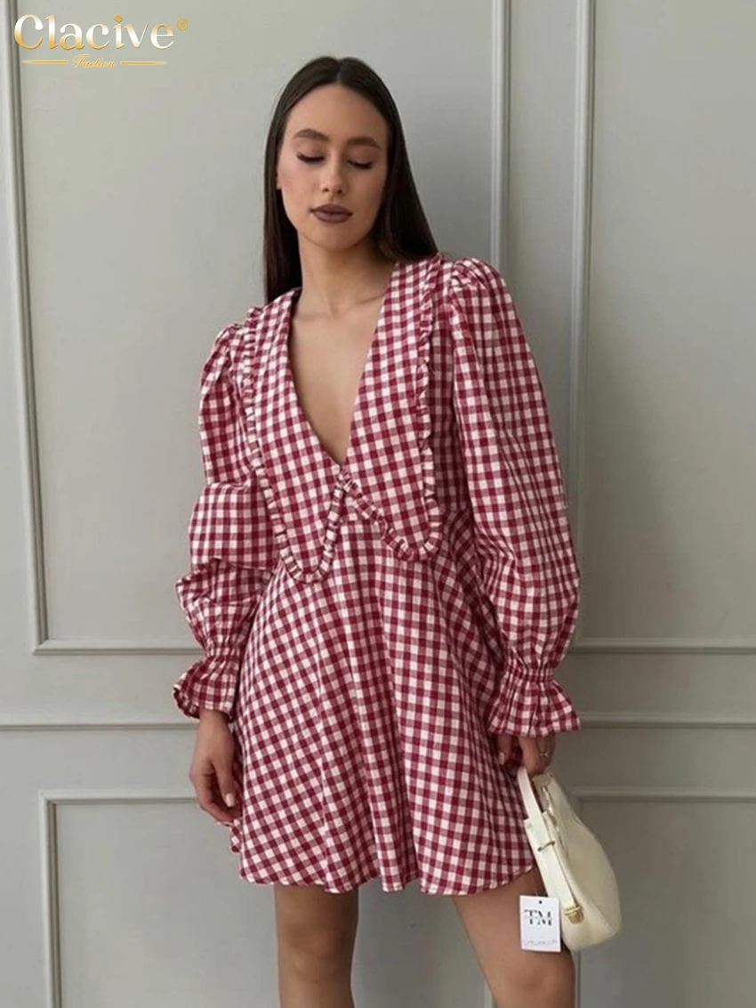 

Clacive Autumn Loose Plaid Cotton Casual Women's Dresses 2024 Fashion Lapel Long Sleeve Mini Dress Elegant Calssic Female Dress