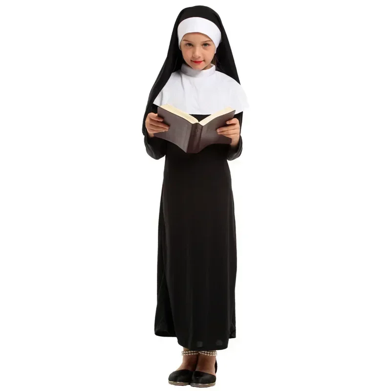 2026 Girls Christian Catholic Religion Missionary Nun Black Costume Child Halloween Book Week Purim Party Fantasy Fancy Dress