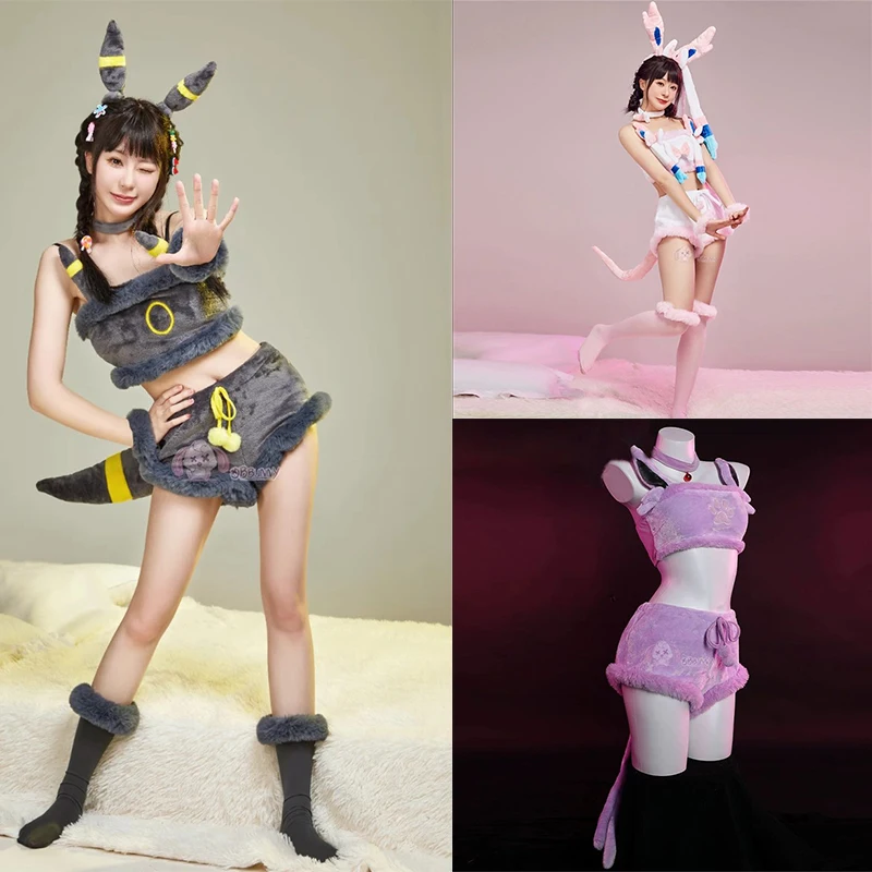 Anime Eevee Cosplay Costume Women Sexy Flannel Hooded Bodysuit Socks Suit Bunny Girl Cute Cartoon Plush Pajamas Jumpsuit Uniform