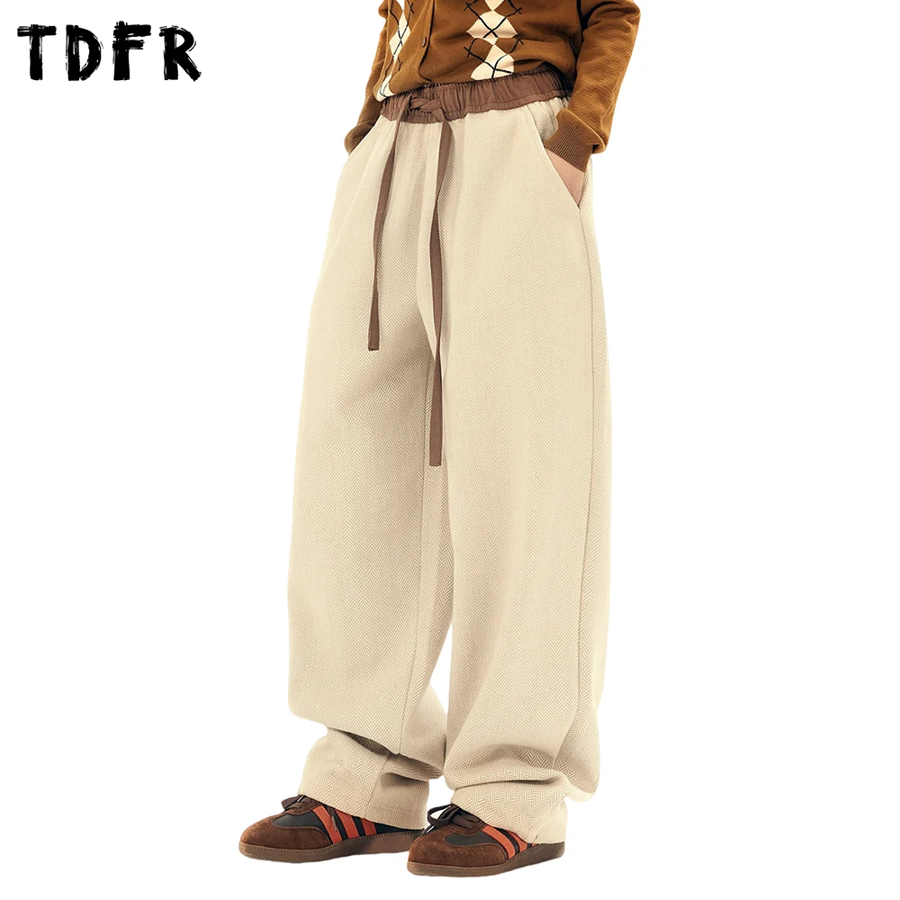 

Color Block Casual Pants Mens Retro Spring Streetwear Elastic Waist Loose Wide Leg Trousers Men