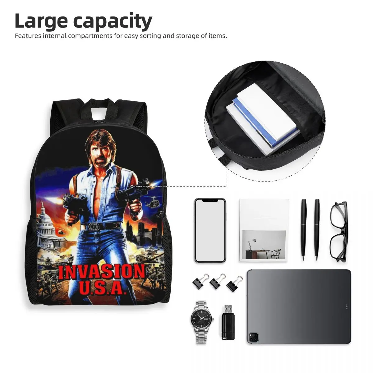 Invasion USA Active Essential Chuck Norris Backpack Student Boys Girls BookBag School Bag Laptop Shoulder Bags