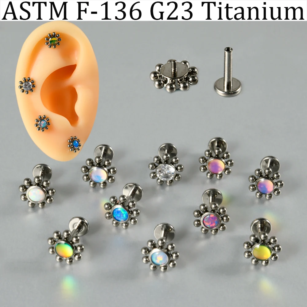 5/1PCS OPAL&Gradient Flash Round Sun Flower Ear Daith Earring G23 Solid Titanium Internal Thread Conch Lip Labret Piercing Stud