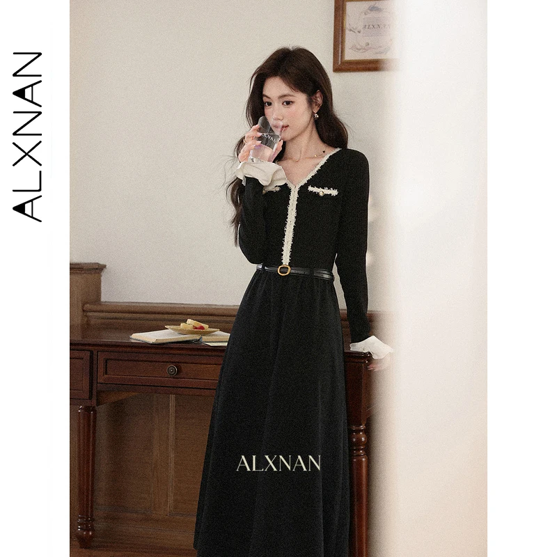 ALXNAN Black V-neck Long Dress Women Color Matching Casual Office Lady Elegant Long Sleeve Dresses 2025 Fall Female Dress L57662