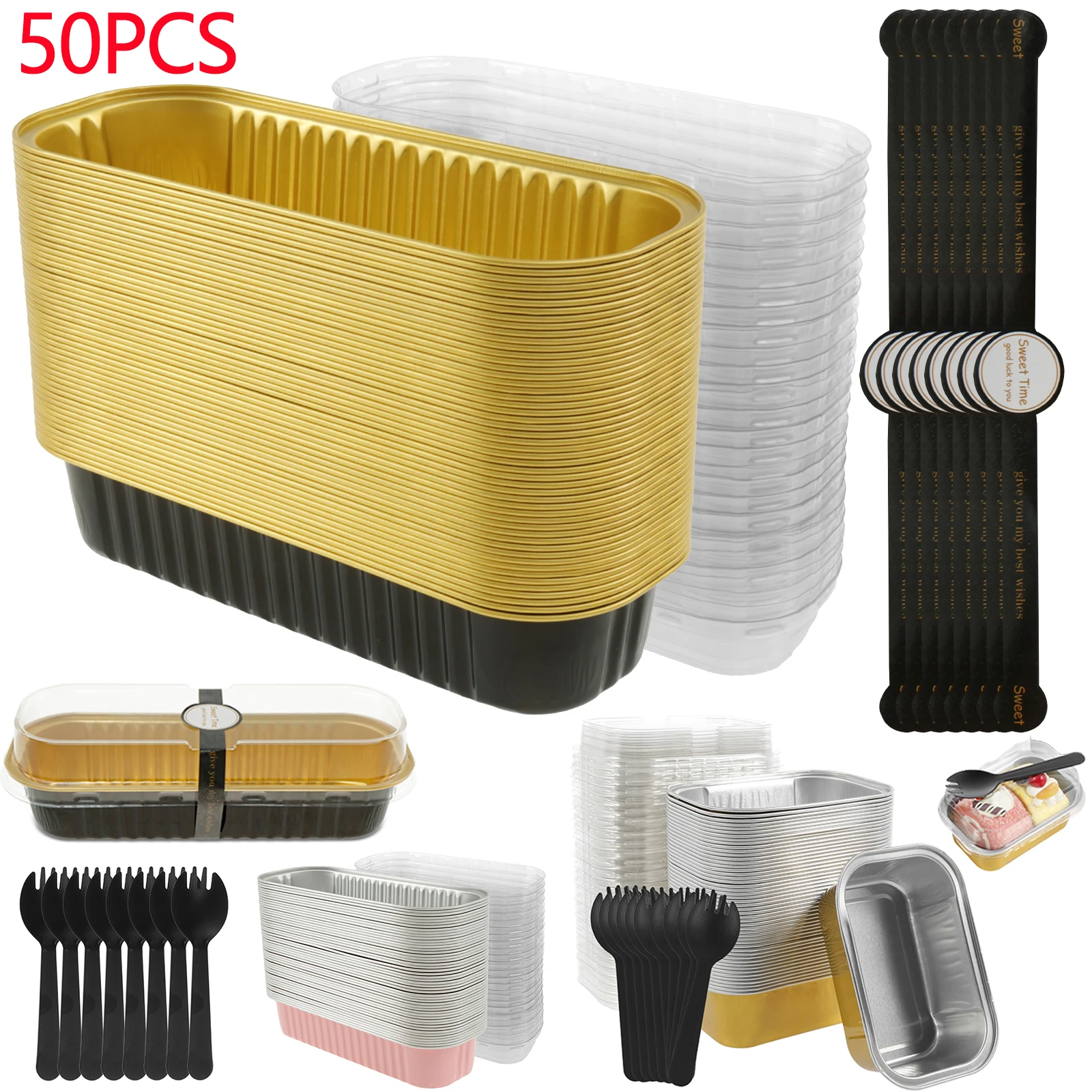 

50Pcs Mini Loaf Pans Aluminum Foil Baking Pan Mini Bread Container Heat-Resistant Cake Pans with Lids Spoons Nonstick Containers